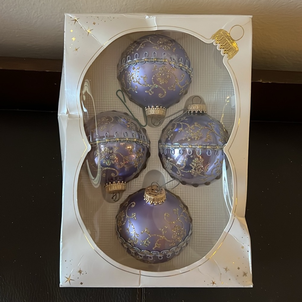 Vtg Christmas Ornaments w/Lavender & Gold Glitter Design